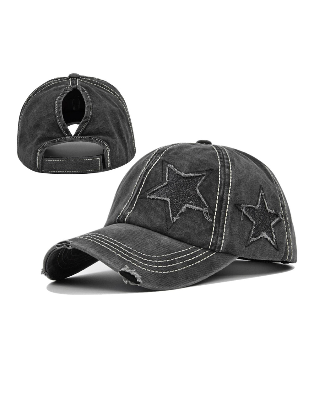 Womens High Ponytail Messy Bun Baseball Caps | Star Solid Fabric Black | Size OS